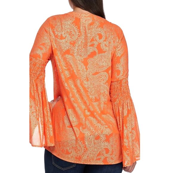 Michael Kors Poppy/Gold Samara Smocked Bell Sleeve Tunic Metallic Blouse Size 2X - Picture 7 of 13